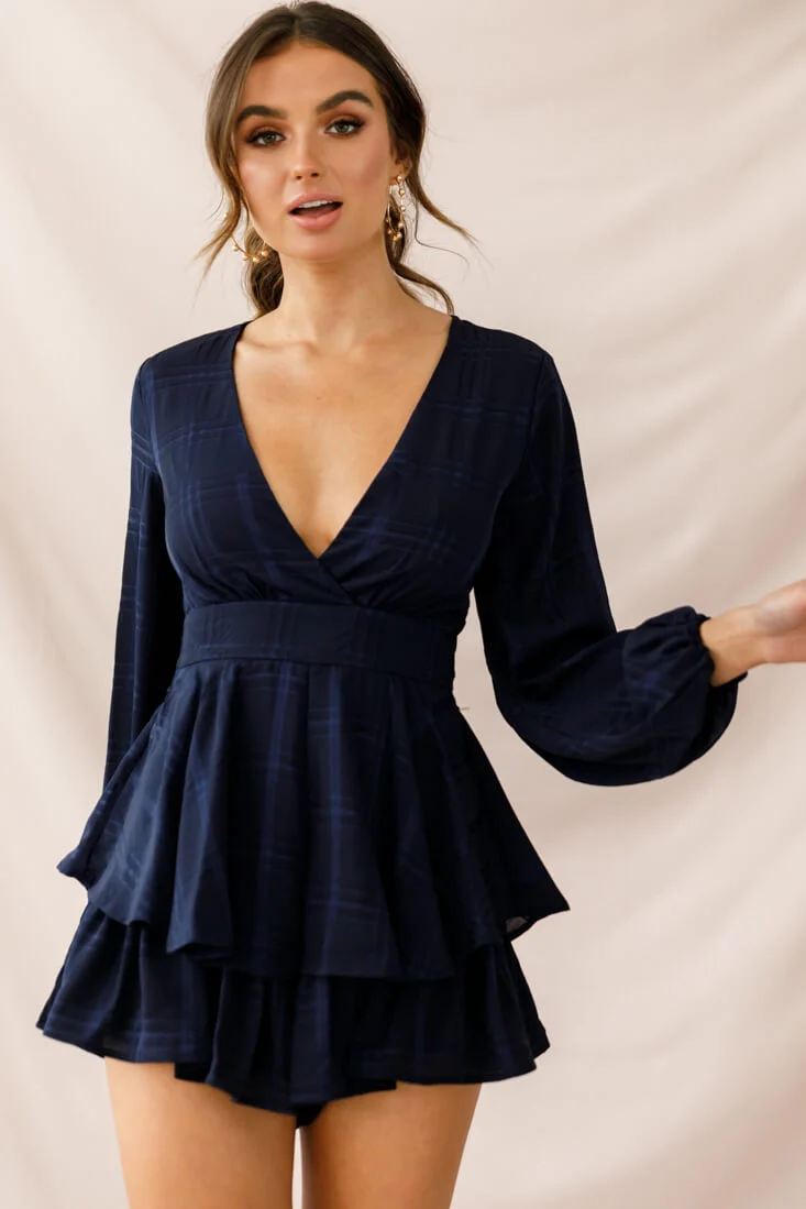 Maddox Fit & Flare Long Sleeve Romper Navy - Image 5