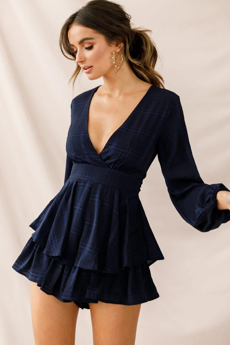 Maddox Fit & Flare Long Sleeve Romper Navy - Image 6