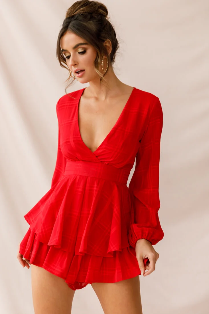 Maddox Fit & Flare Long Sleeve Romper Red - Image 5