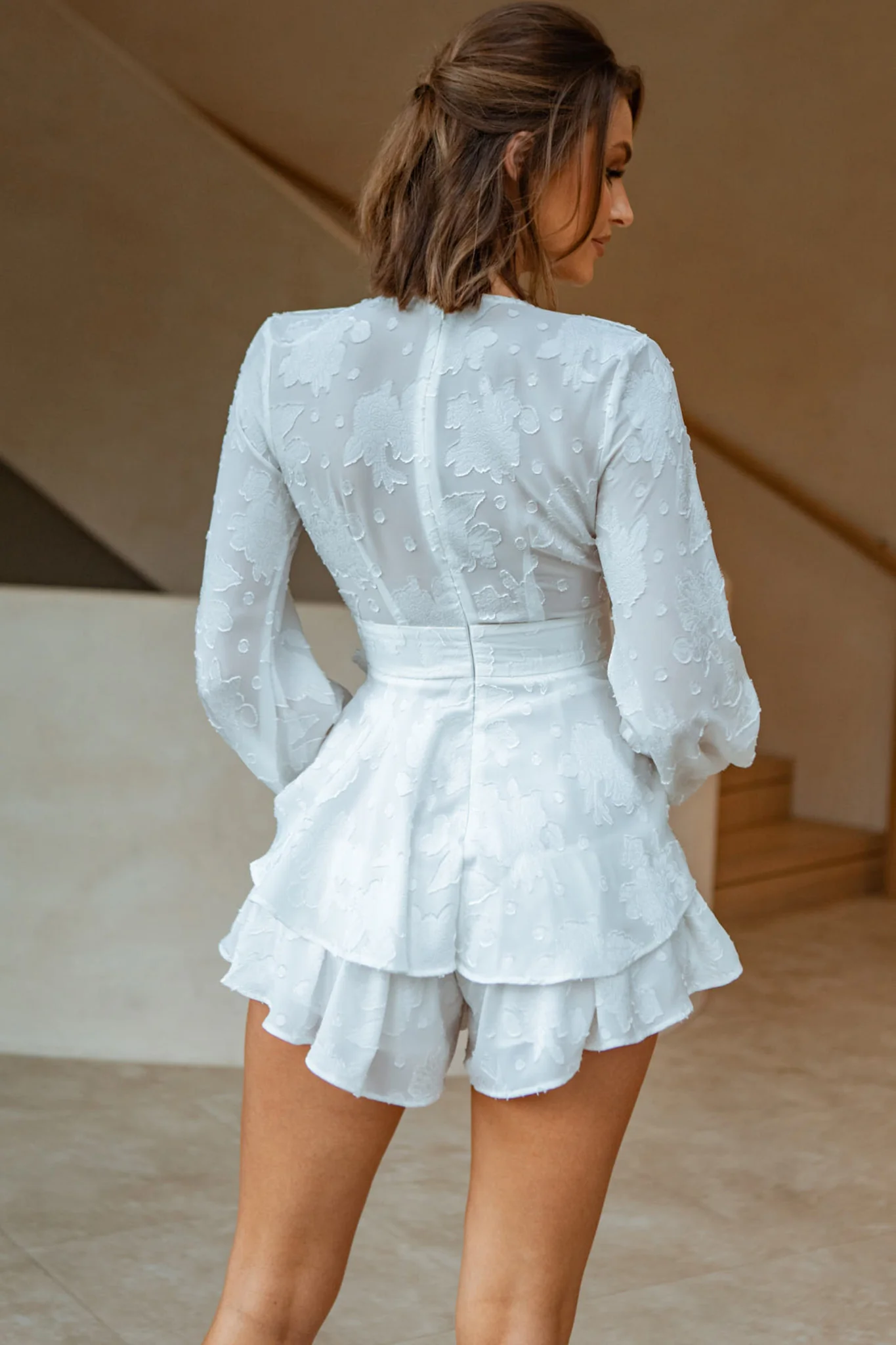 Maddox Fit & Flare Long Sleeve Romper Textured Floral White - Image 2