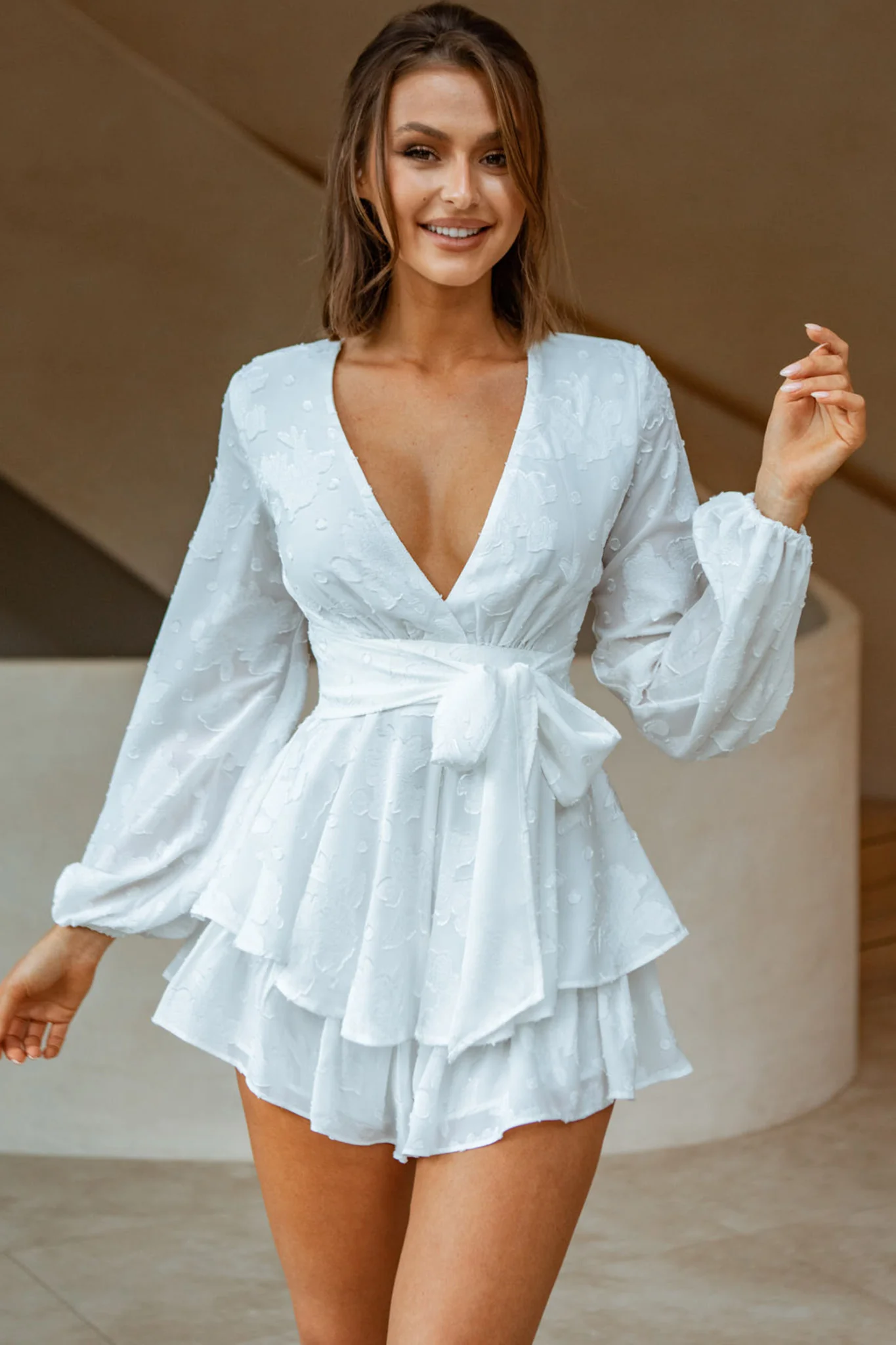 Maddox Fit & Flare Long Sleeve Romper Textured Floral White - Image 7