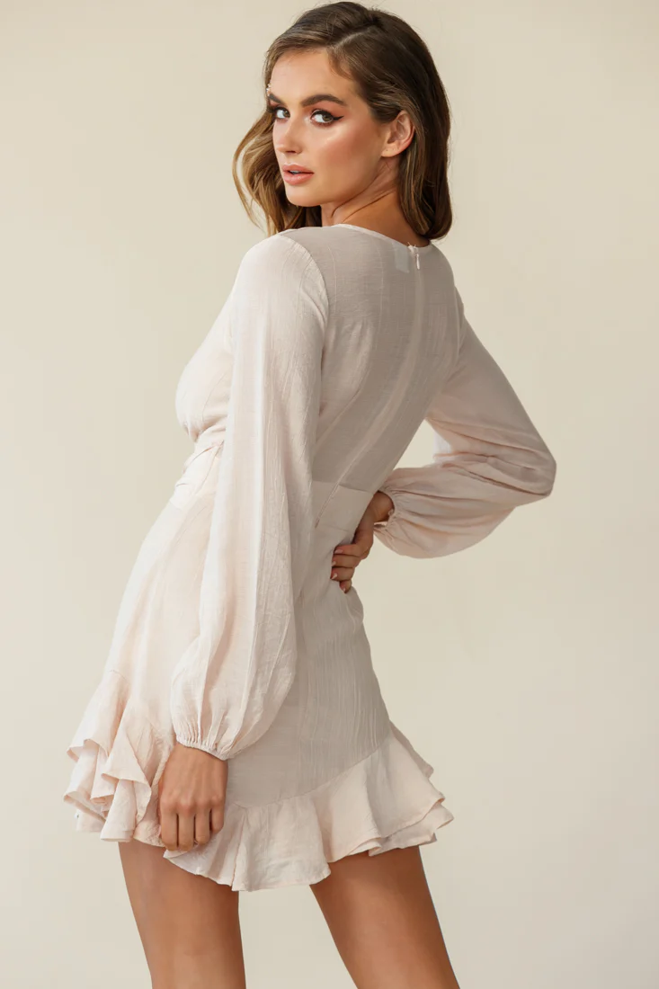 Maddox Long Sleeve Layered Ruffle Hem Dress Beige - Image 3
