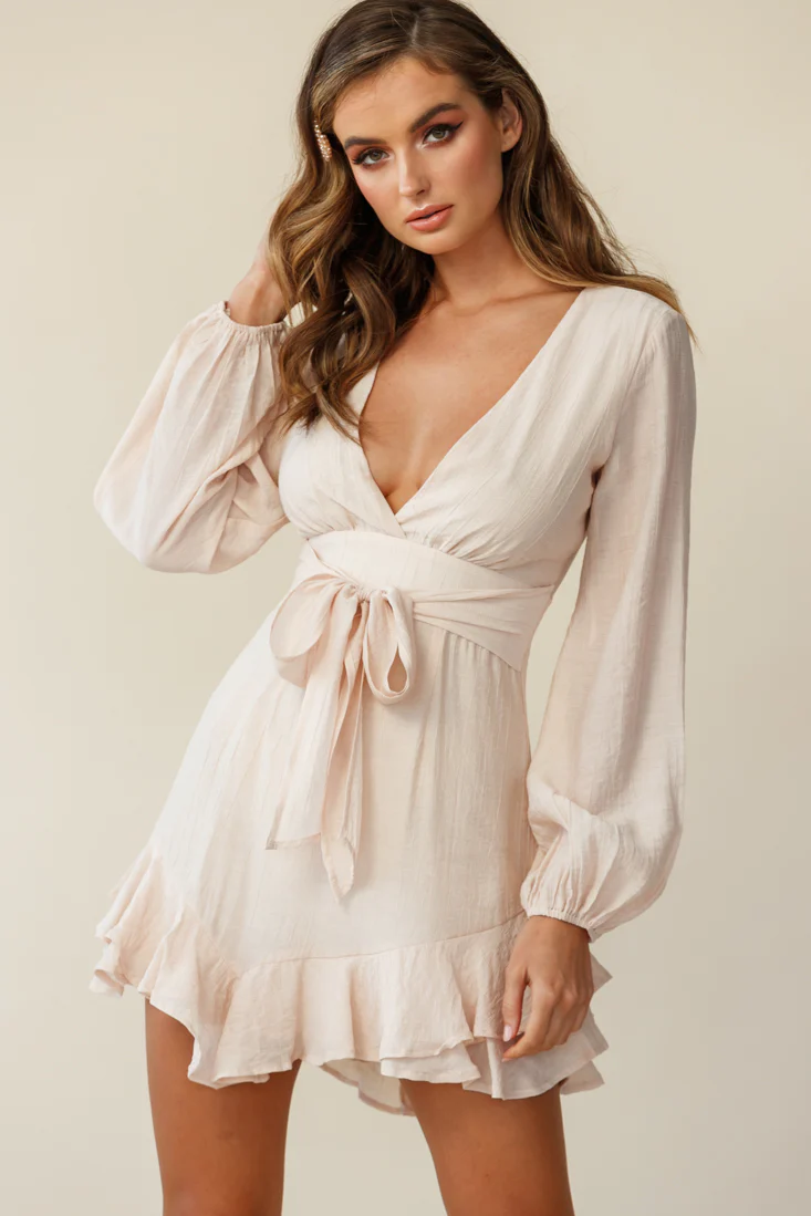 Maddox Long Sleeve Layered Ruffle Hem Dress Beige - Image 4