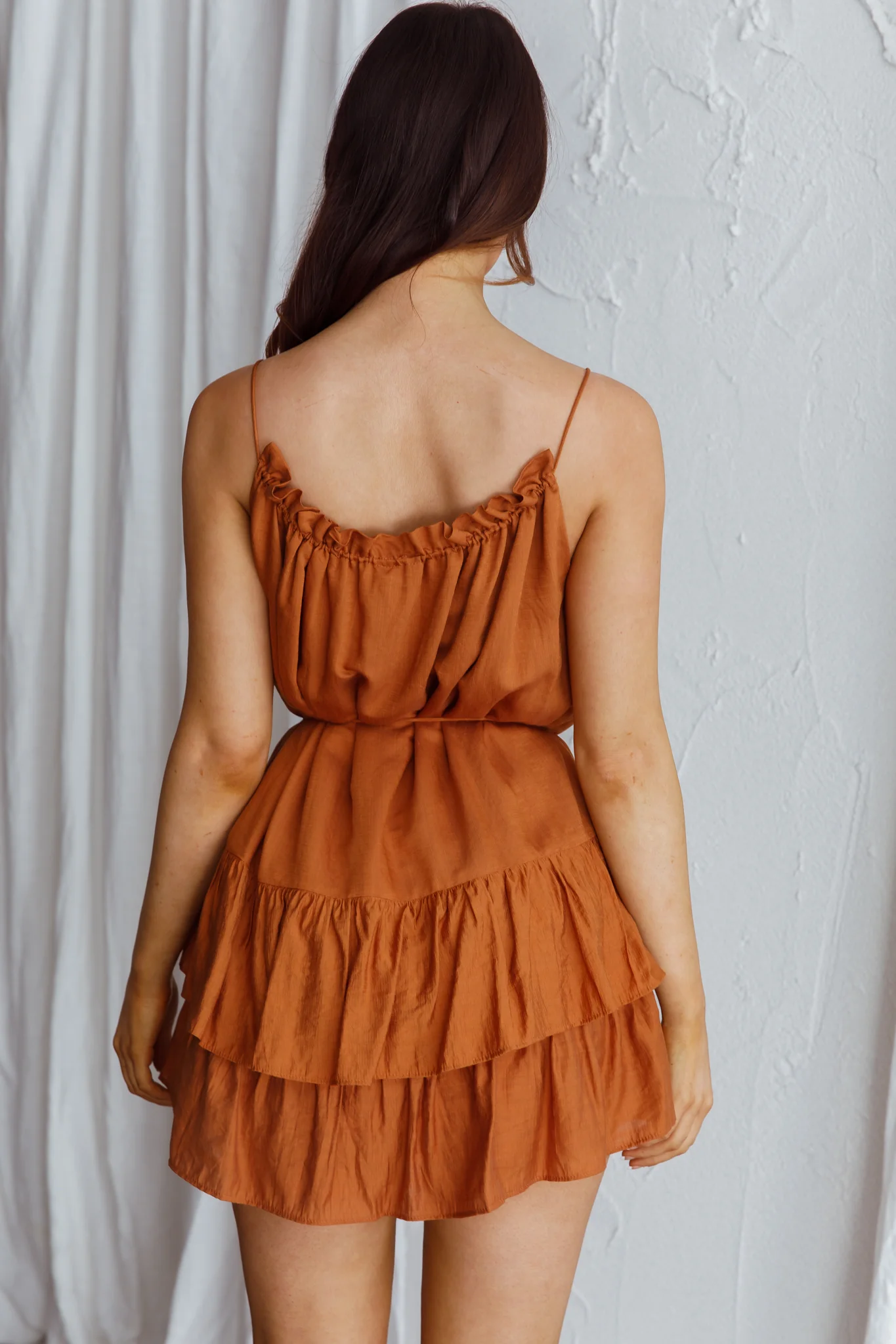 Madeira Drawstring Neckline Frill Mini Dress Tan - Image 8