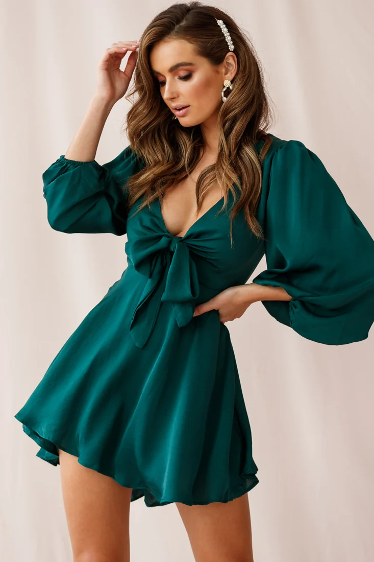 Madison Bow Tie Bust Balloon Sleeve Dress Forest Green - Image 5