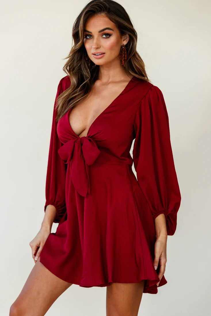 Madison Bow Tie Bust Balloon Sleeve Dress Wine - Image 5