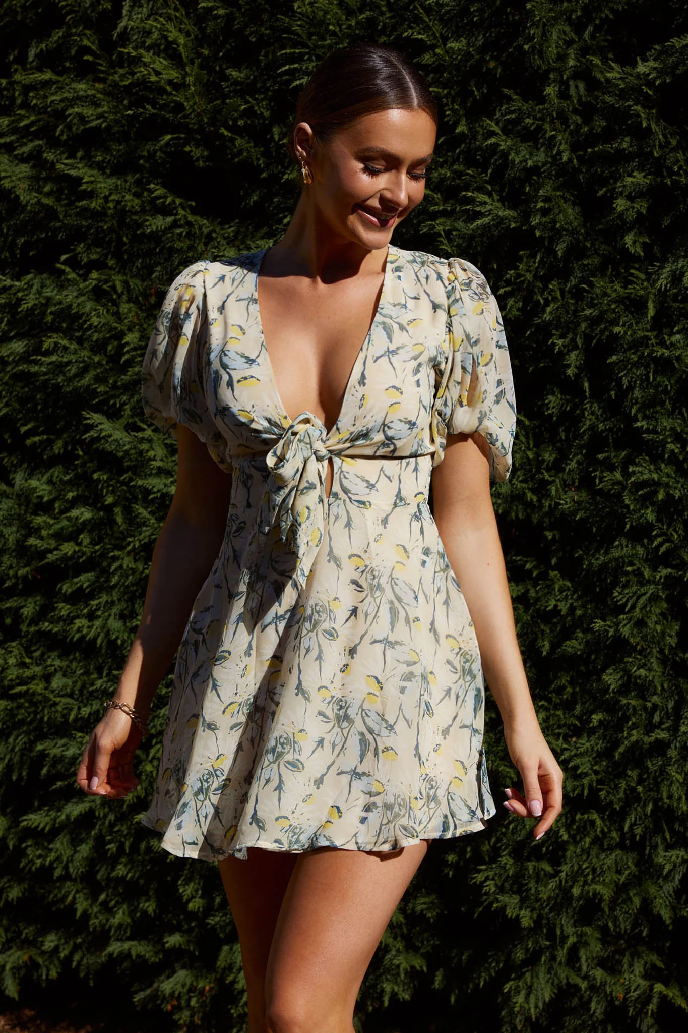 Madison Bow Tie Bust Puff Sleeve Dress Floral Green - Image 4