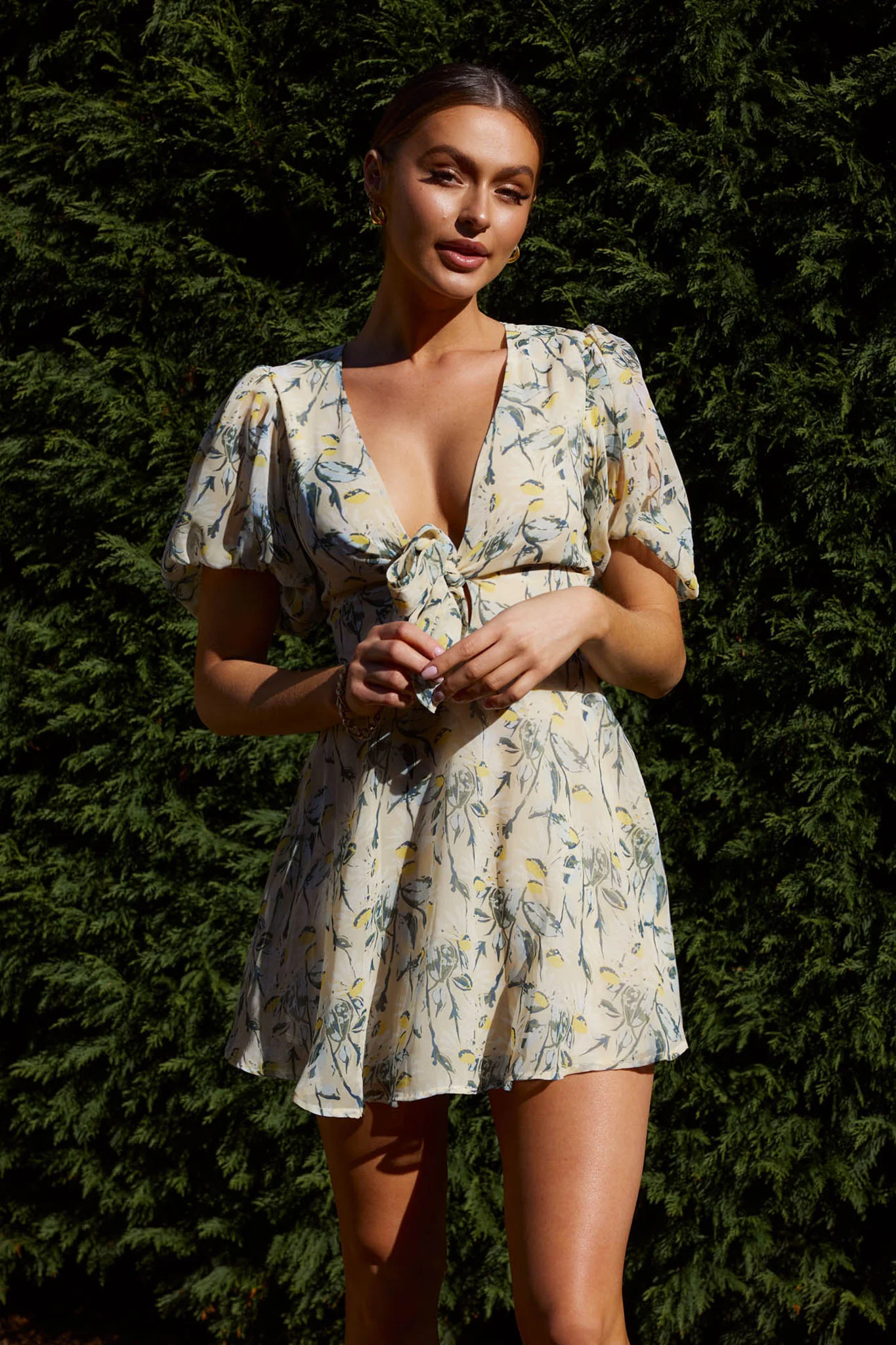 Madison Bow Tie Bust Puff Sleeve Dress Floral Green - Image 5