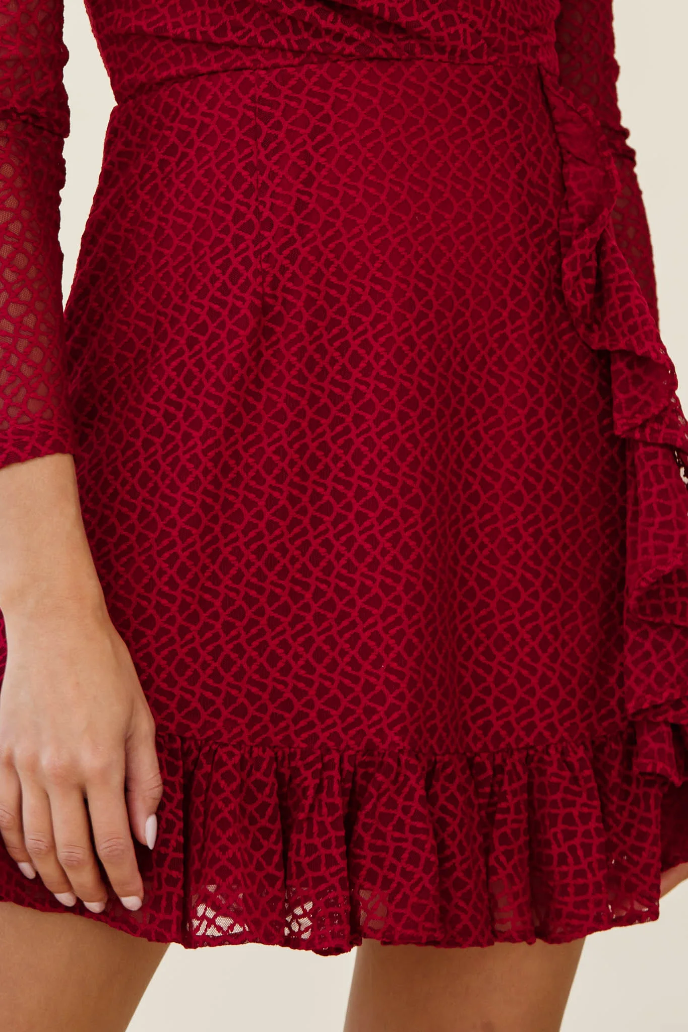 Madonna Long Sleeve Ruffle Trim Embroidered Dress Wine - Image 4