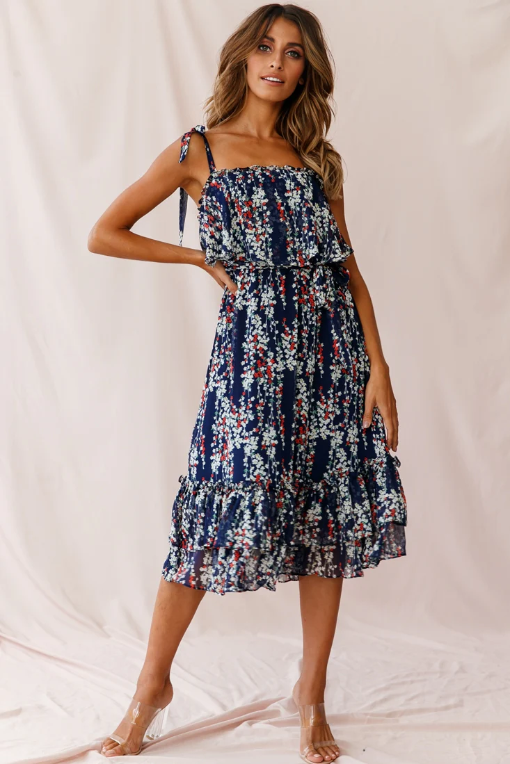 Maeve Shoulder Tie Layered Ruffle Dress Navy - Image 2
