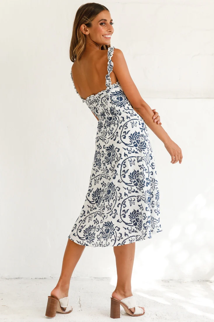 Magdalene Frill Strap A-Line Midi Dress Floral Print White - Image 3