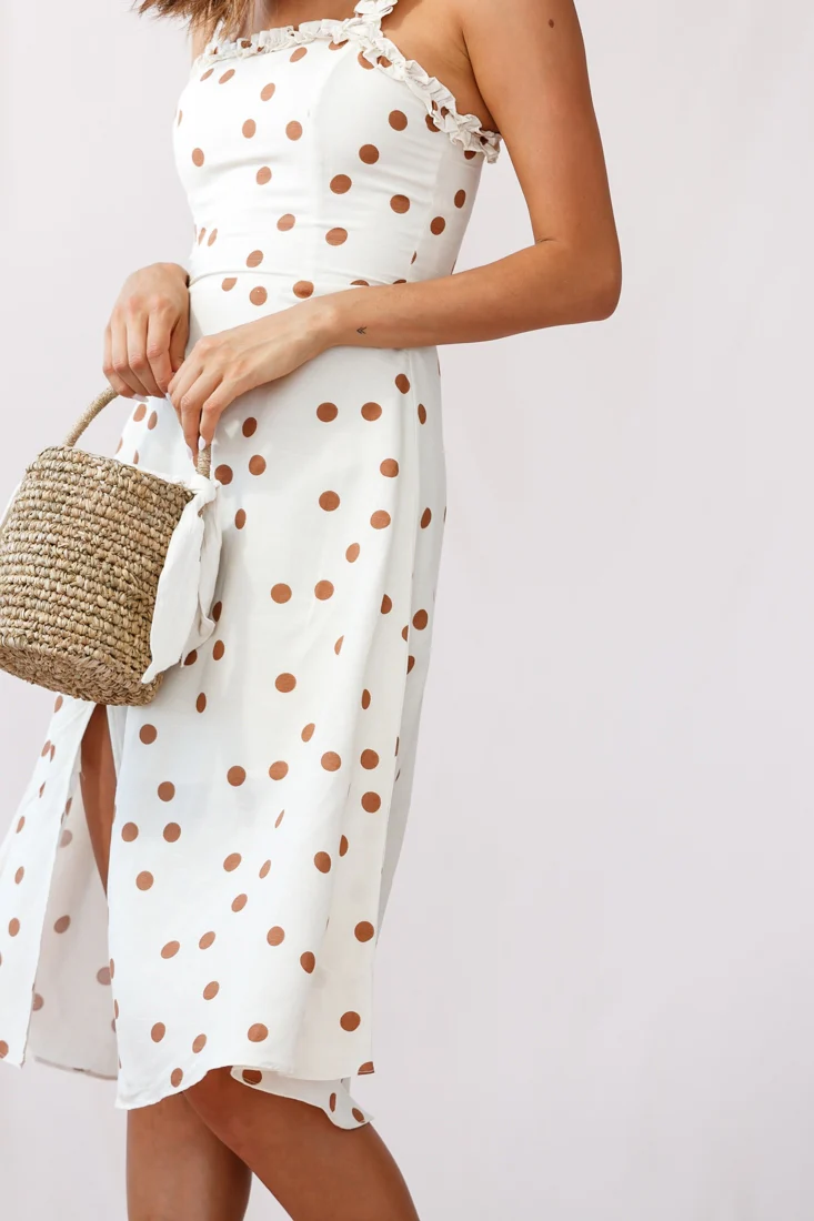 Magdalene Frill Strap A-Line Midi Dress Polka Dot Print Beige - Image 4