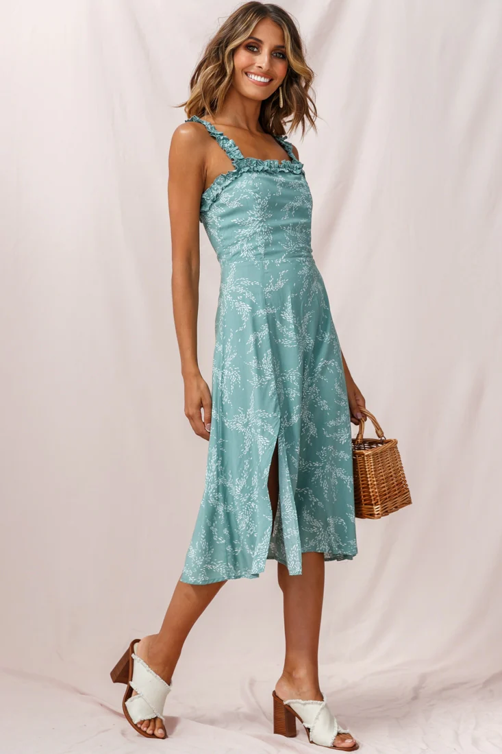 Magdalene Frill Strap A-Line Midi Dress Sage - Image 3