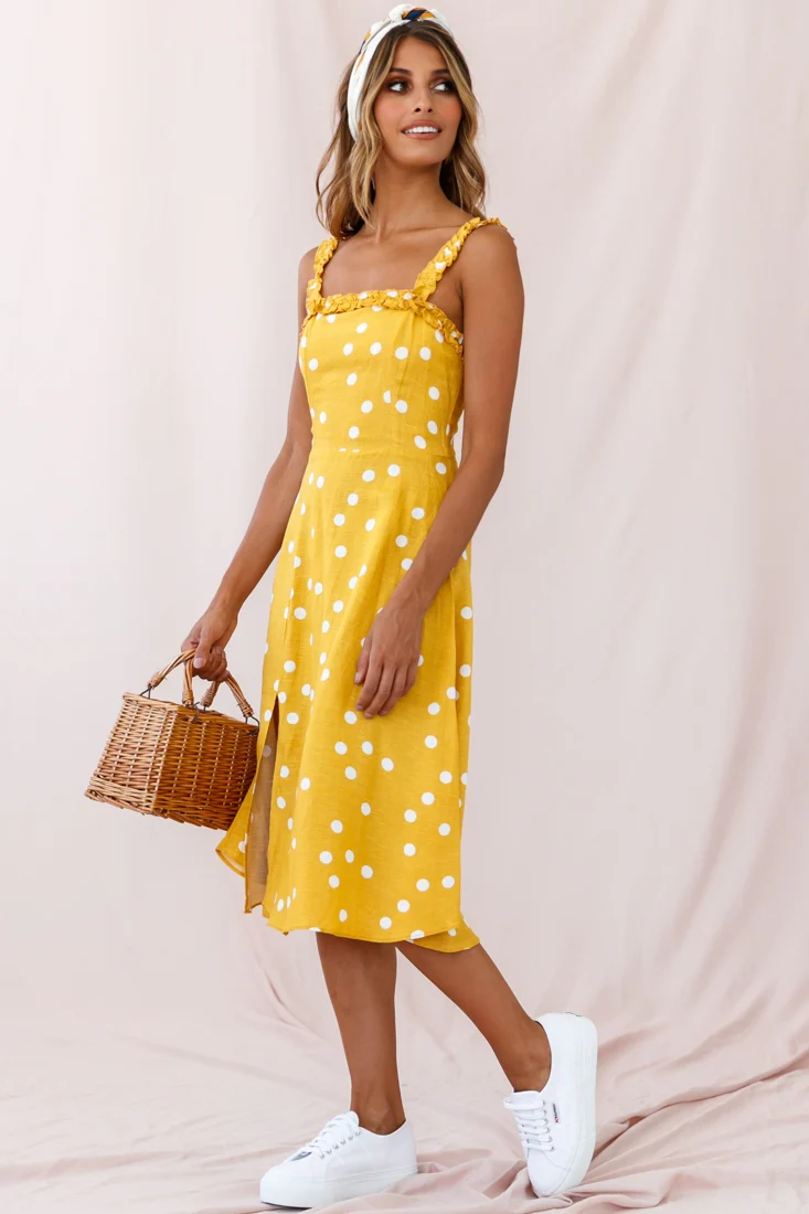 Magdalene Frill Strap A-Line Midi Dress Yellow Mustard - Image 6