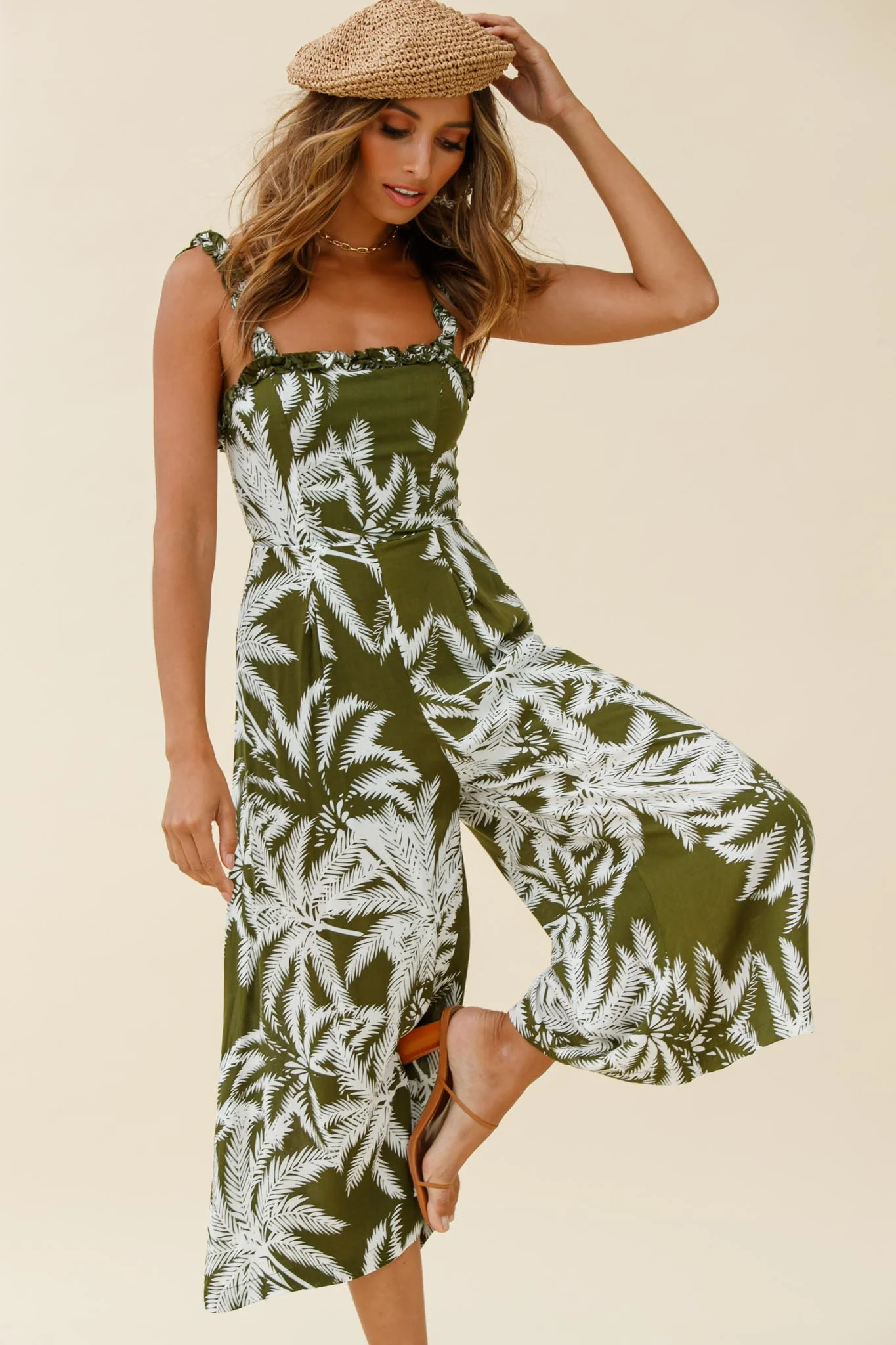 Magdalene Frill Strap Midi Jumpsuit Palm Print Olive - Image 3