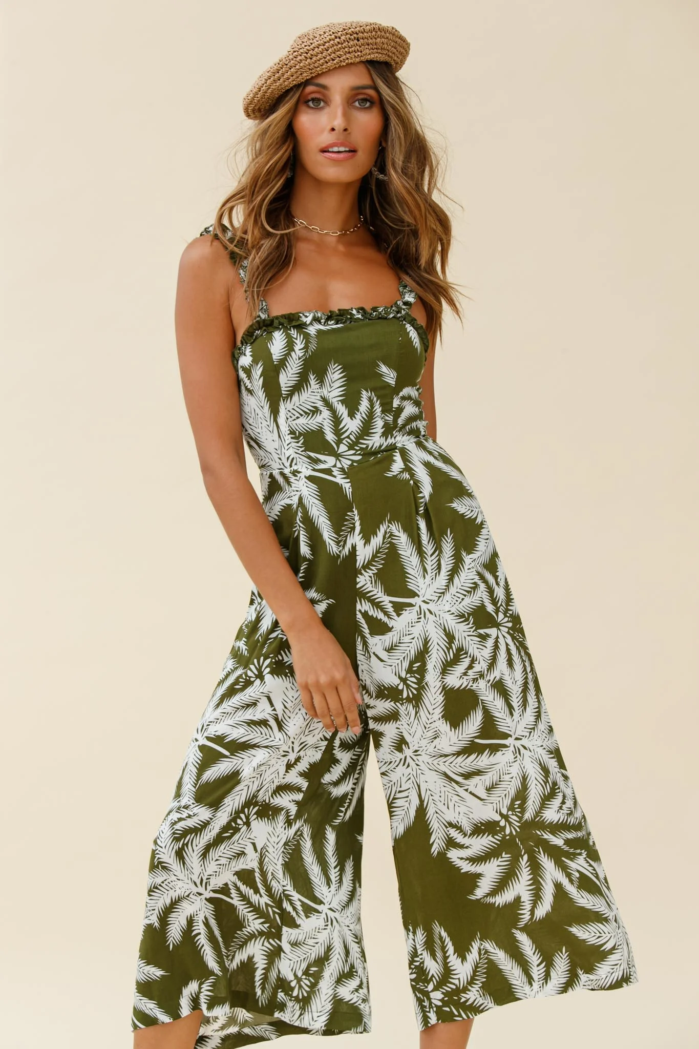 Magdalene Frill Strap Midi Jumpsuit Palm Print Olive - Image 7