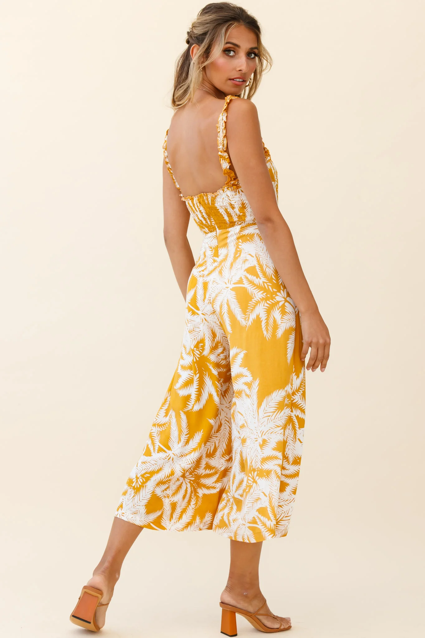 Magdalene Frill Strap Midi Jumpsuit Palm Print Yellow - Image 2