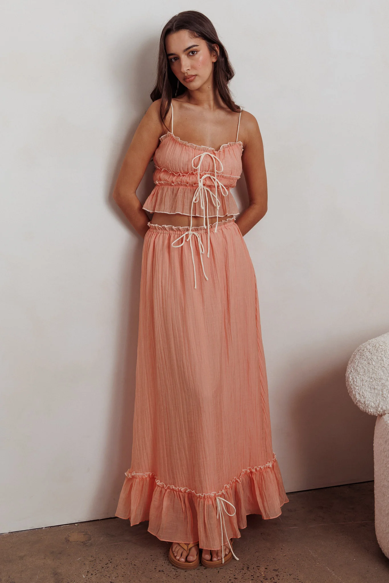 Maidens Tie Detail Overlock Maxi Skirt Apricot - Image 4