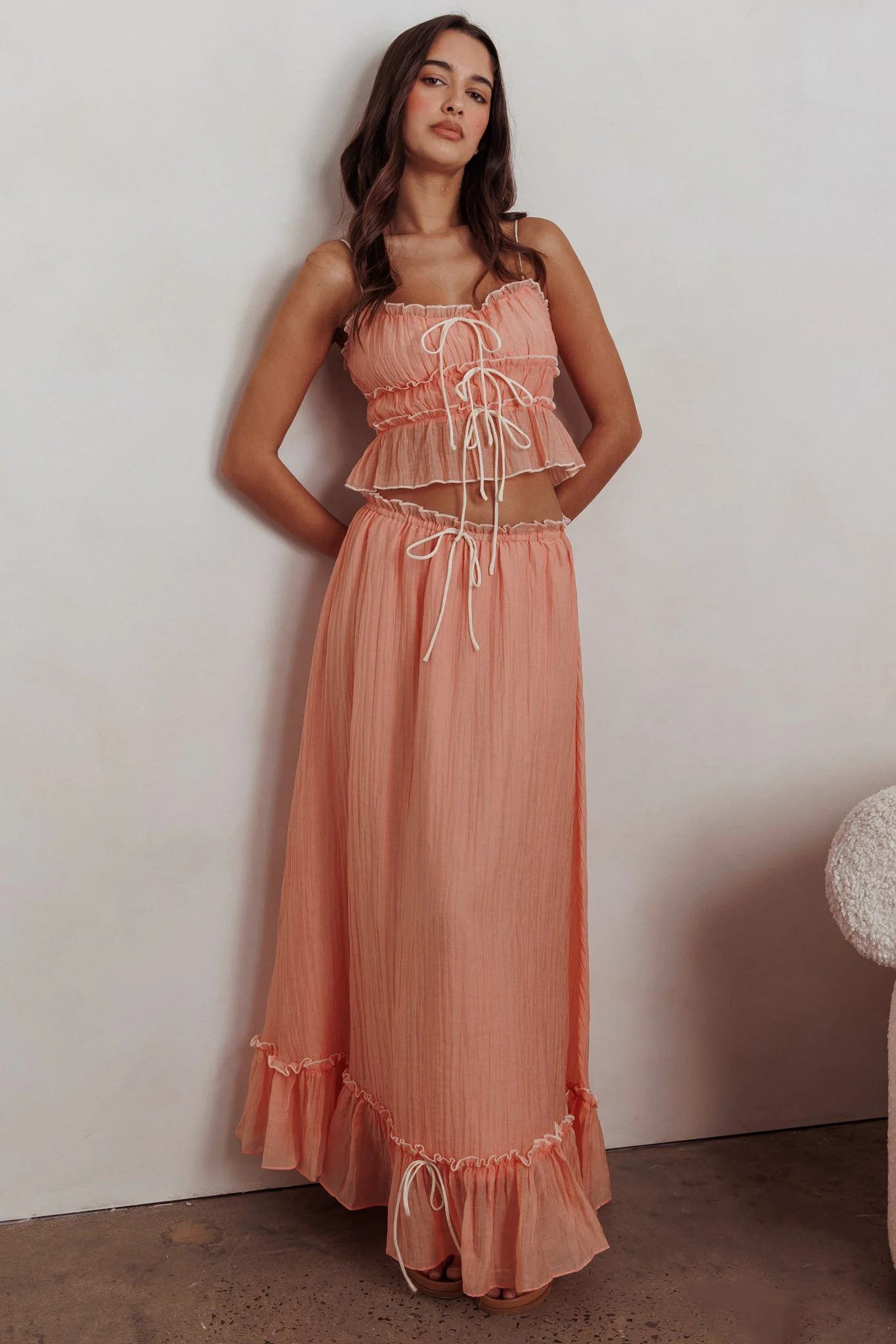 Maidens Tie Detail Overlock Maxi Skirt Apricot - Image 5