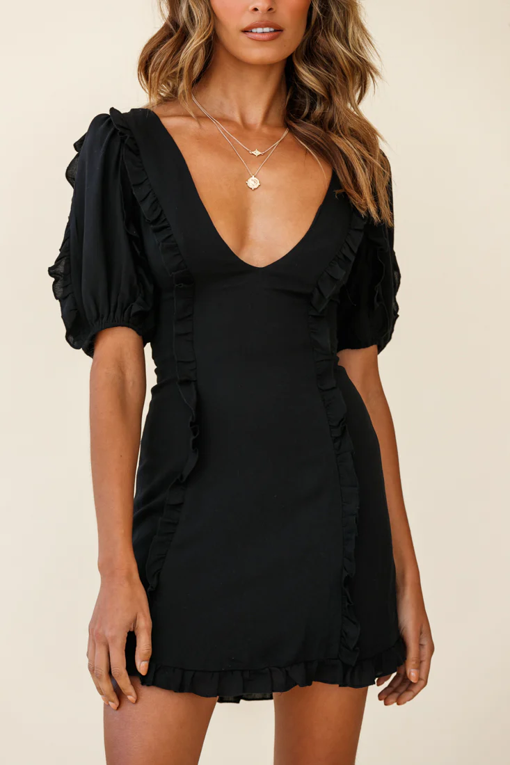 Maisy Puff Sleeve Frill Trim Dress Black - Image 4