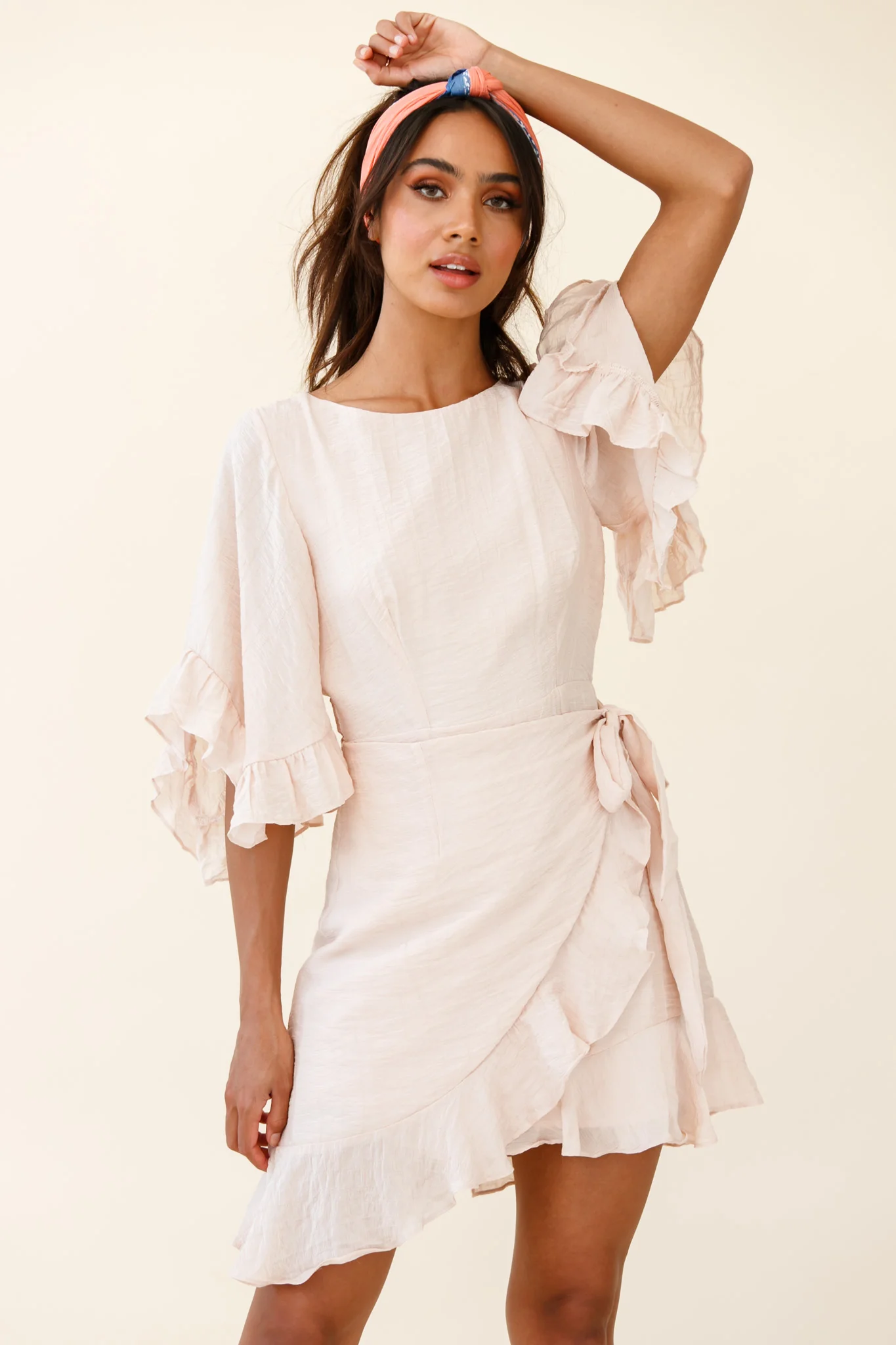 Make It Happen Flared Sleeve Ruffle Trim Dress Beige - Image 6