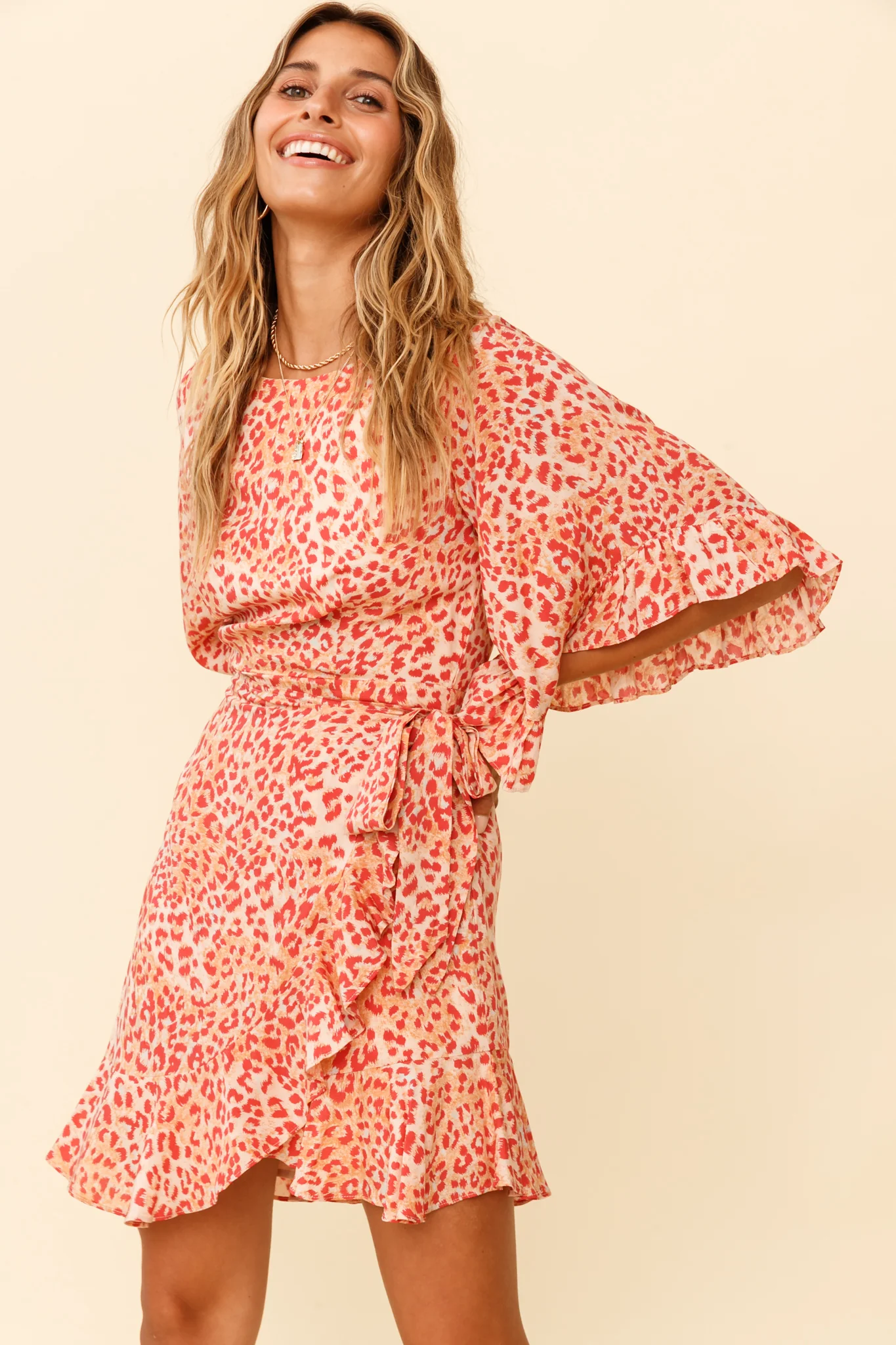Make It Happen Flared Sleeve Ruffle Trim Dress Leopard Print Orange - Image 6