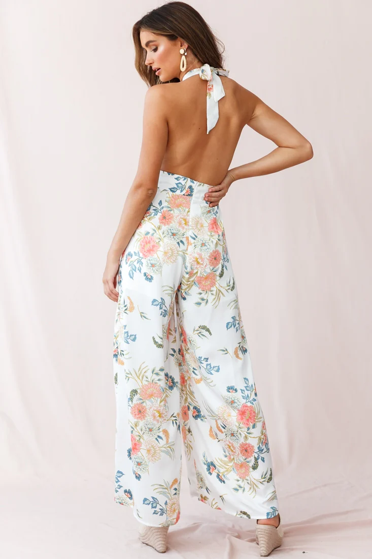 Make Me Halterneck Low Back Jumpsuit Floral Print White - Image 3