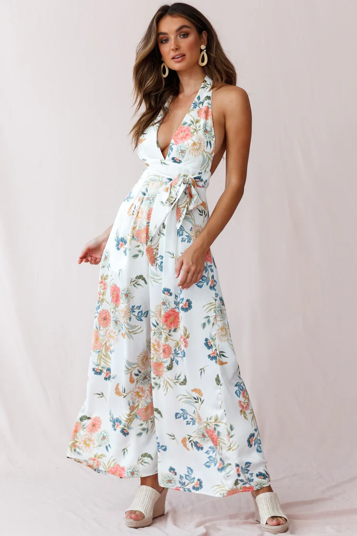 Make Me Halterneck Low Back Jumpsuit Floral Print White - Image 5
