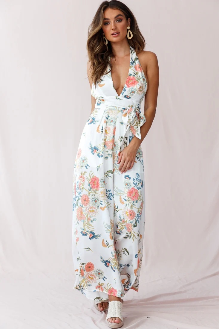 Make Me Halterneck Low Back Jumpsuit Floral Print White - Image 6