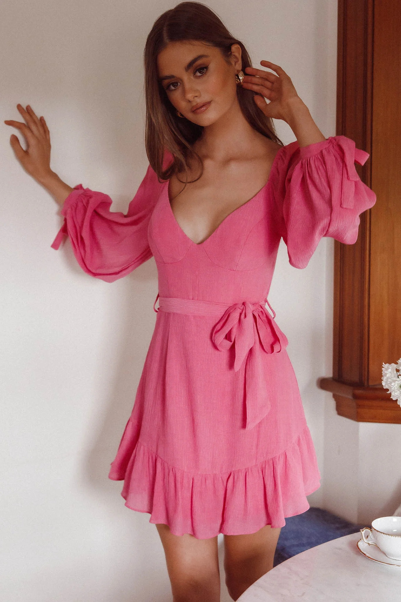 Make Memories Balloon Sleeve Molded Bust Dress Hot Pink - Image 3