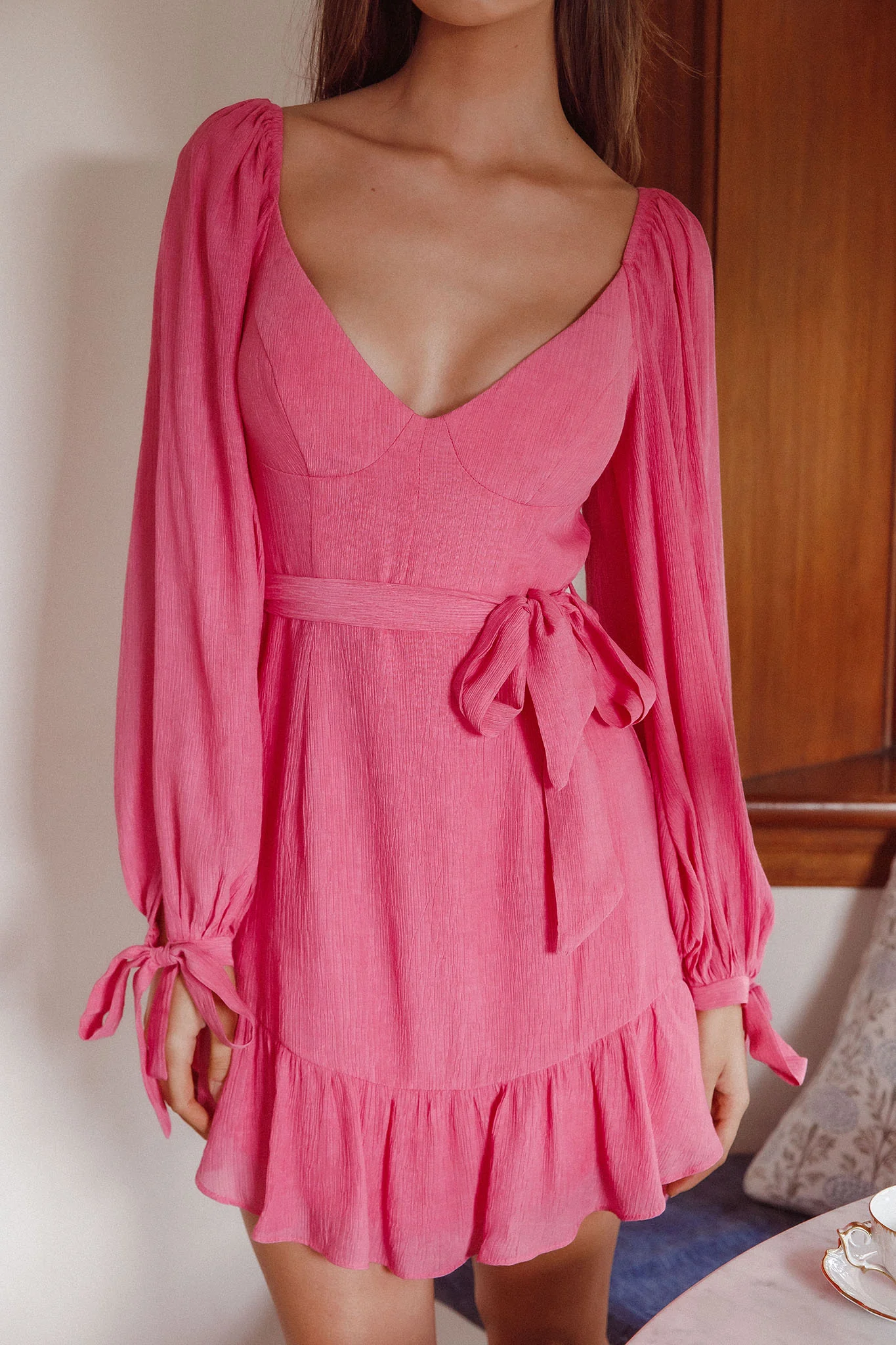 Make Memories Balloon Sleeve Molded Bust Dress Hot Pink - Image 4