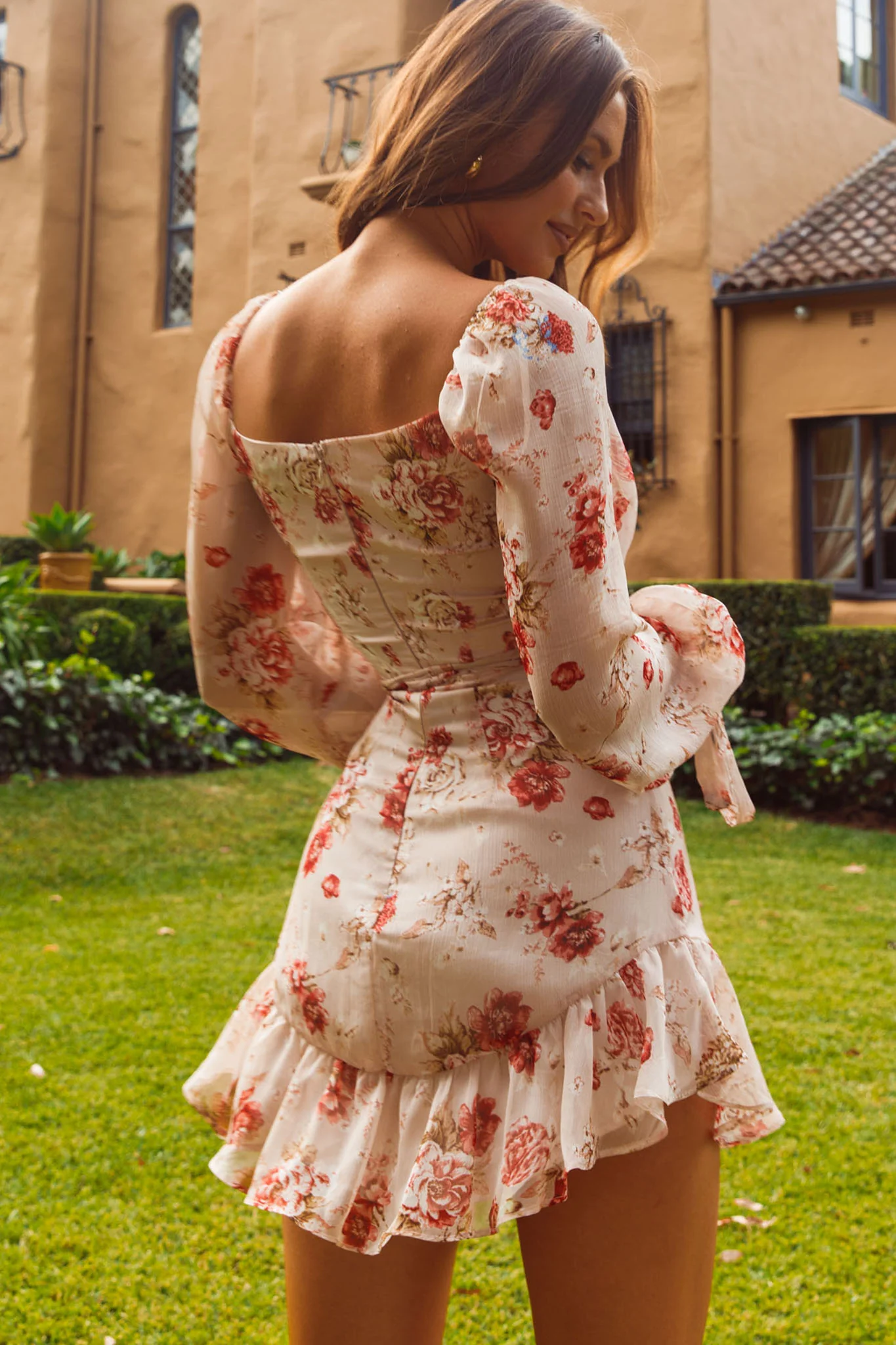 Make Memories Balloon Sleeve Molded Bust Dress Vintage Floral Beige - Image 2