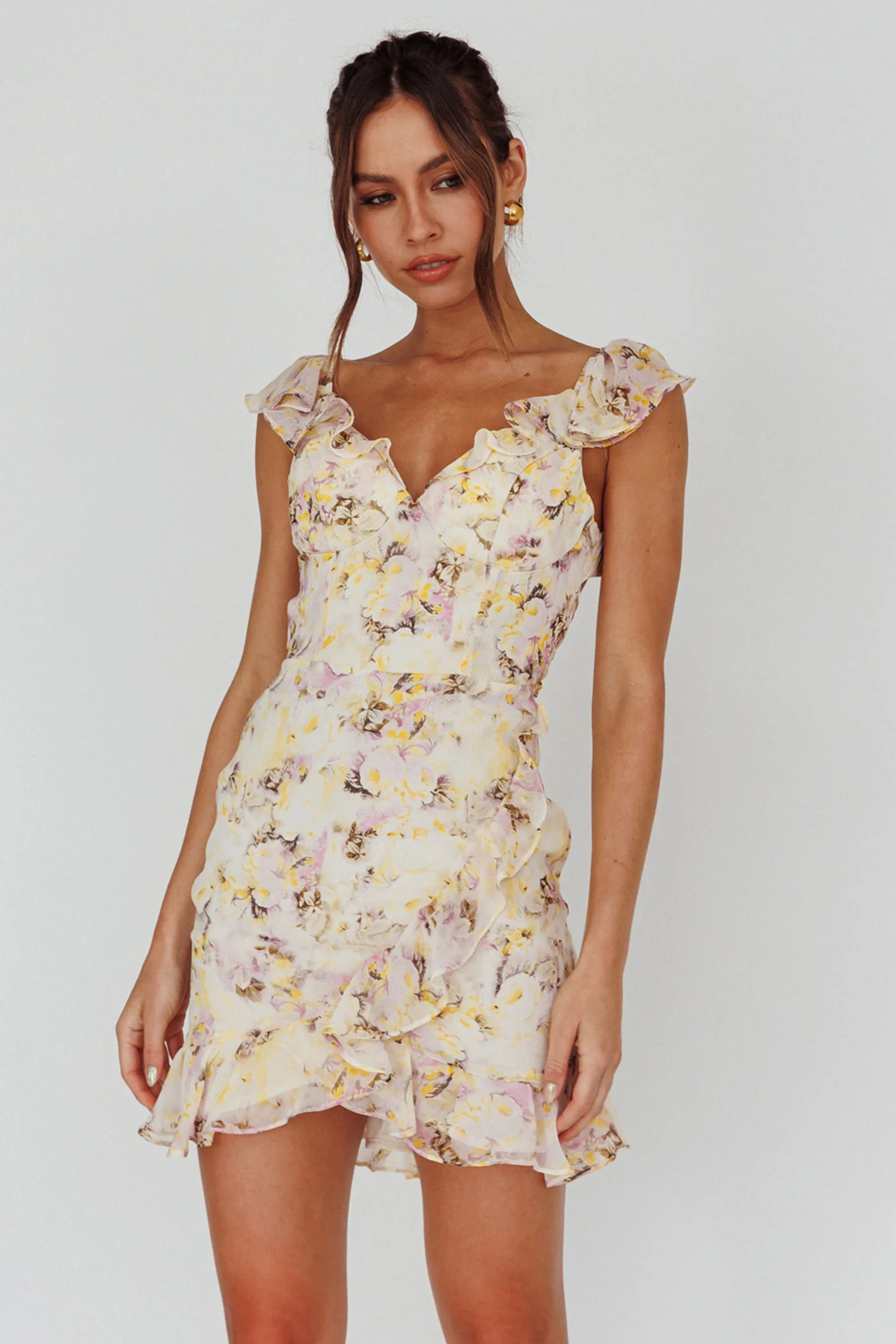 Make Memories Frill Strap Mini Dress Floral Yellow - Image 5