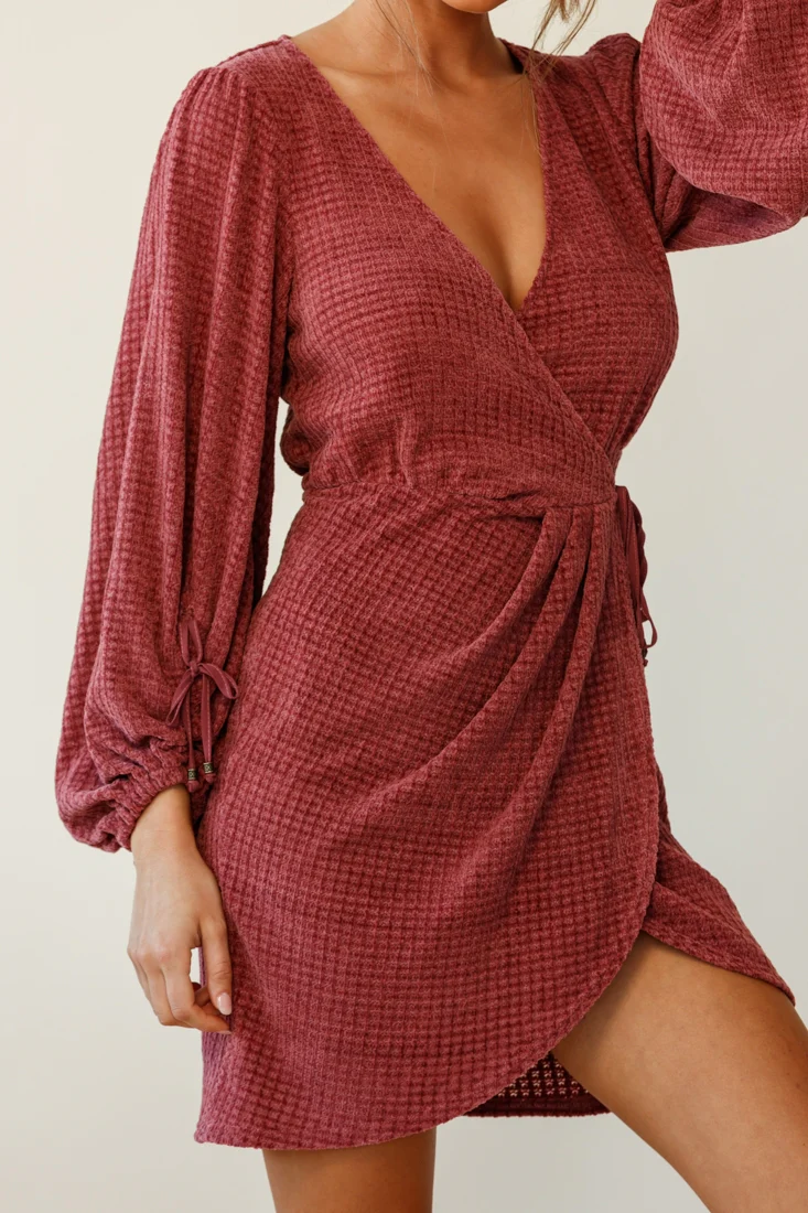 Make Way Balloon Sleeve Wrap Dress Plum - Image 2