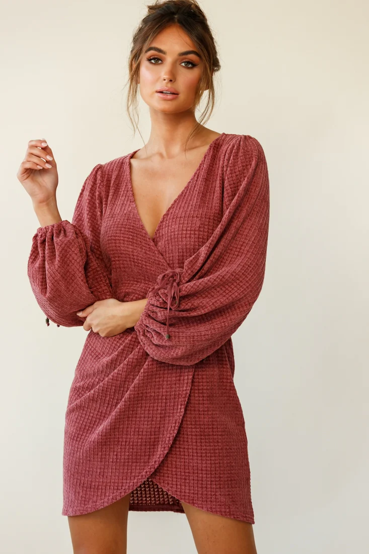 Make Way Balloon Sleeve Wrap Dress Plum - Image 3