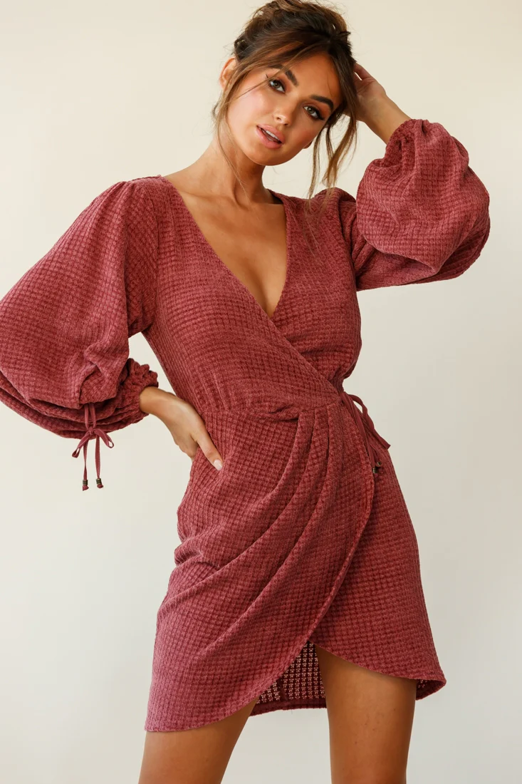 Make Way Balloon Sleeve Wrap Dress Plum - Image 5