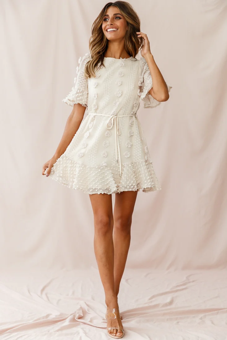 Maleny Embellished Fluted Hem Dress Beige - Image 6