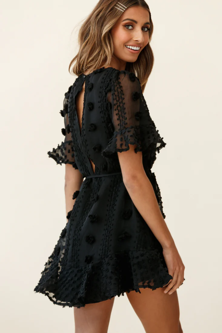 Maleny Embellished Fluted Hem Dress Black - Image 3