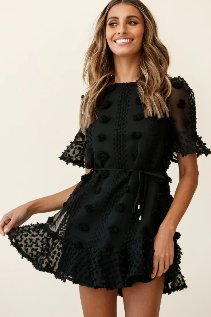 Maleny Embellished Fluted Hem Dress Black - Image 5