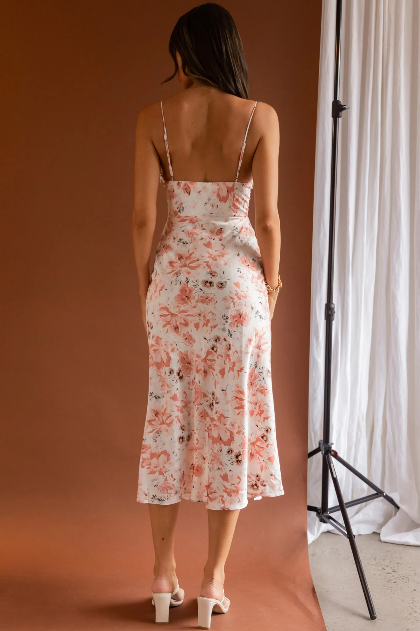 Malibu Gathered Bust Cami Strap Midi Dress Floral Pink - Image 2