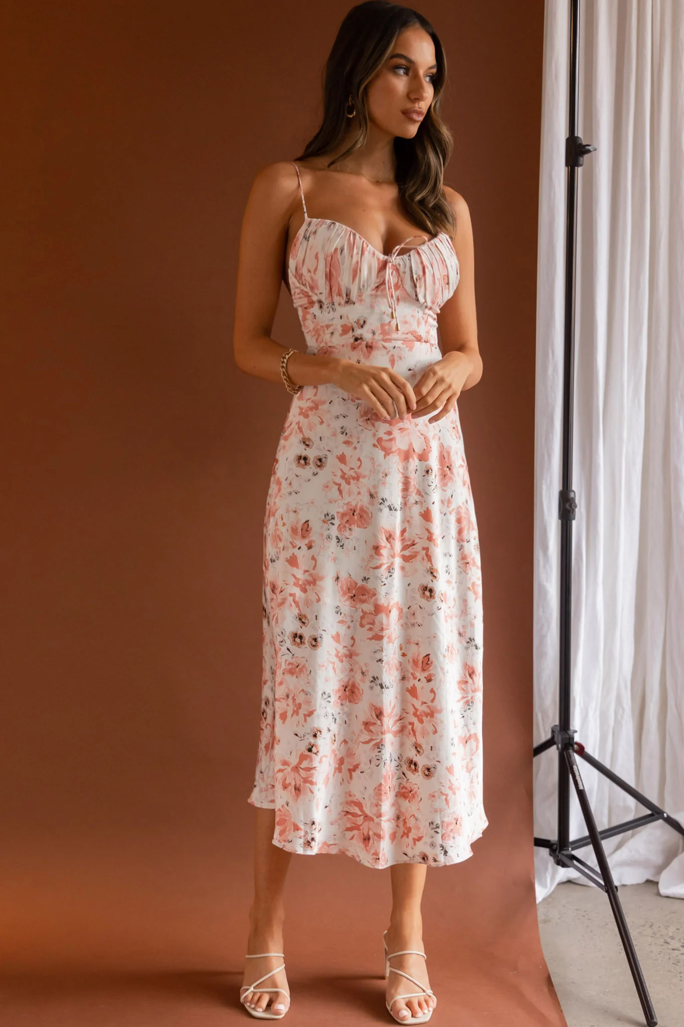 Malibu Gathered Bust Cami Strap Midi Dress Floral Pink - Image 5