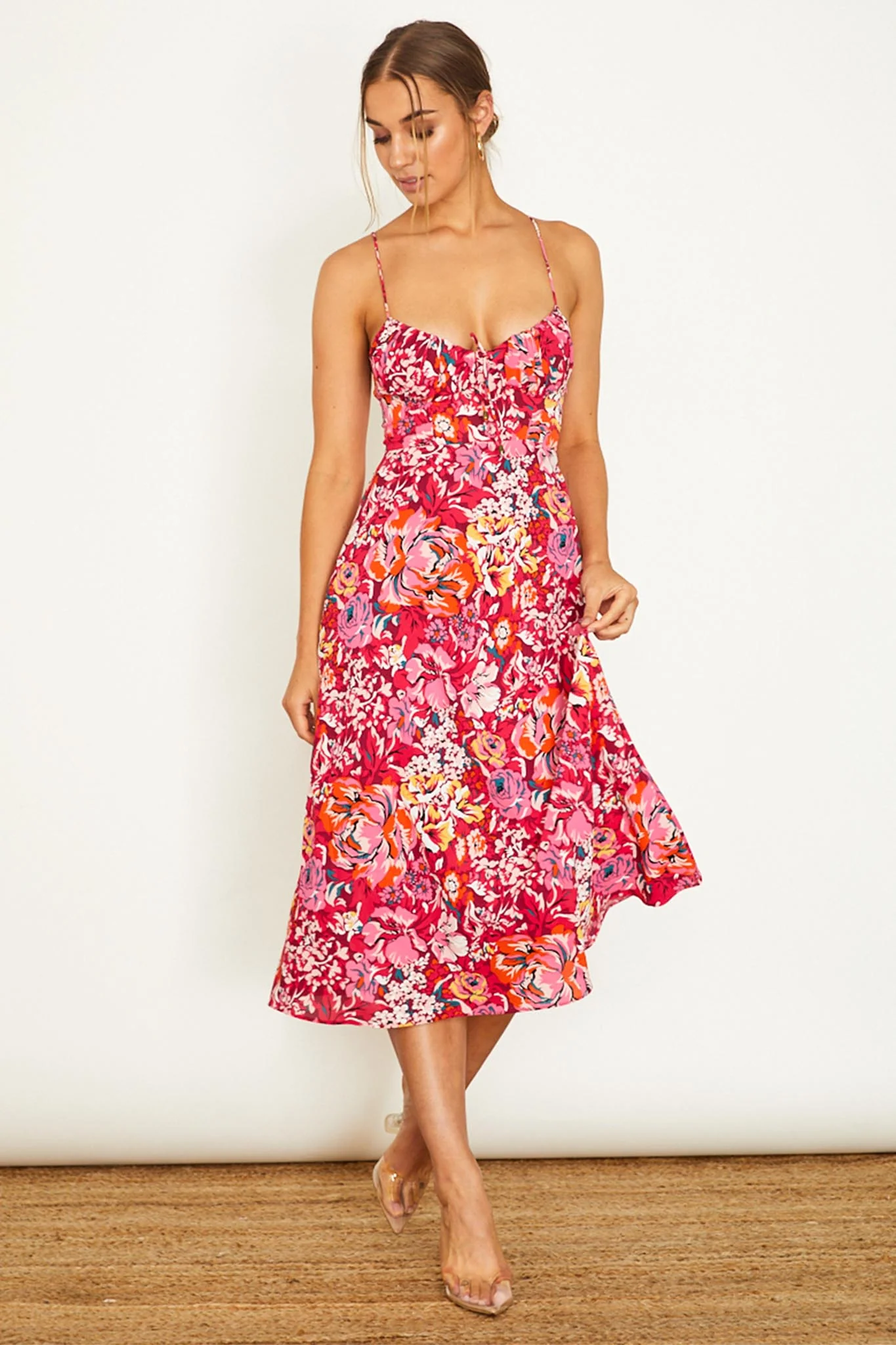 Malibu Gathered Bust Cami Strap Midi Dress Floral Red - Image 2