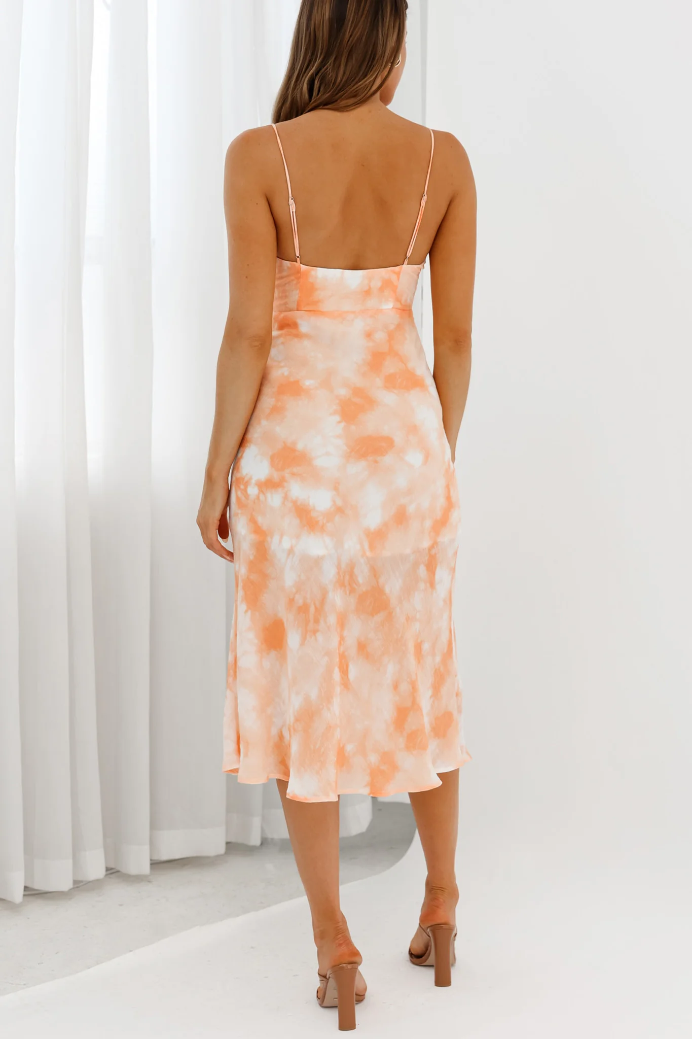 Malibu Gathered Bust Cami Strap Midi Dress Tie-Dye Orange - Image 2
