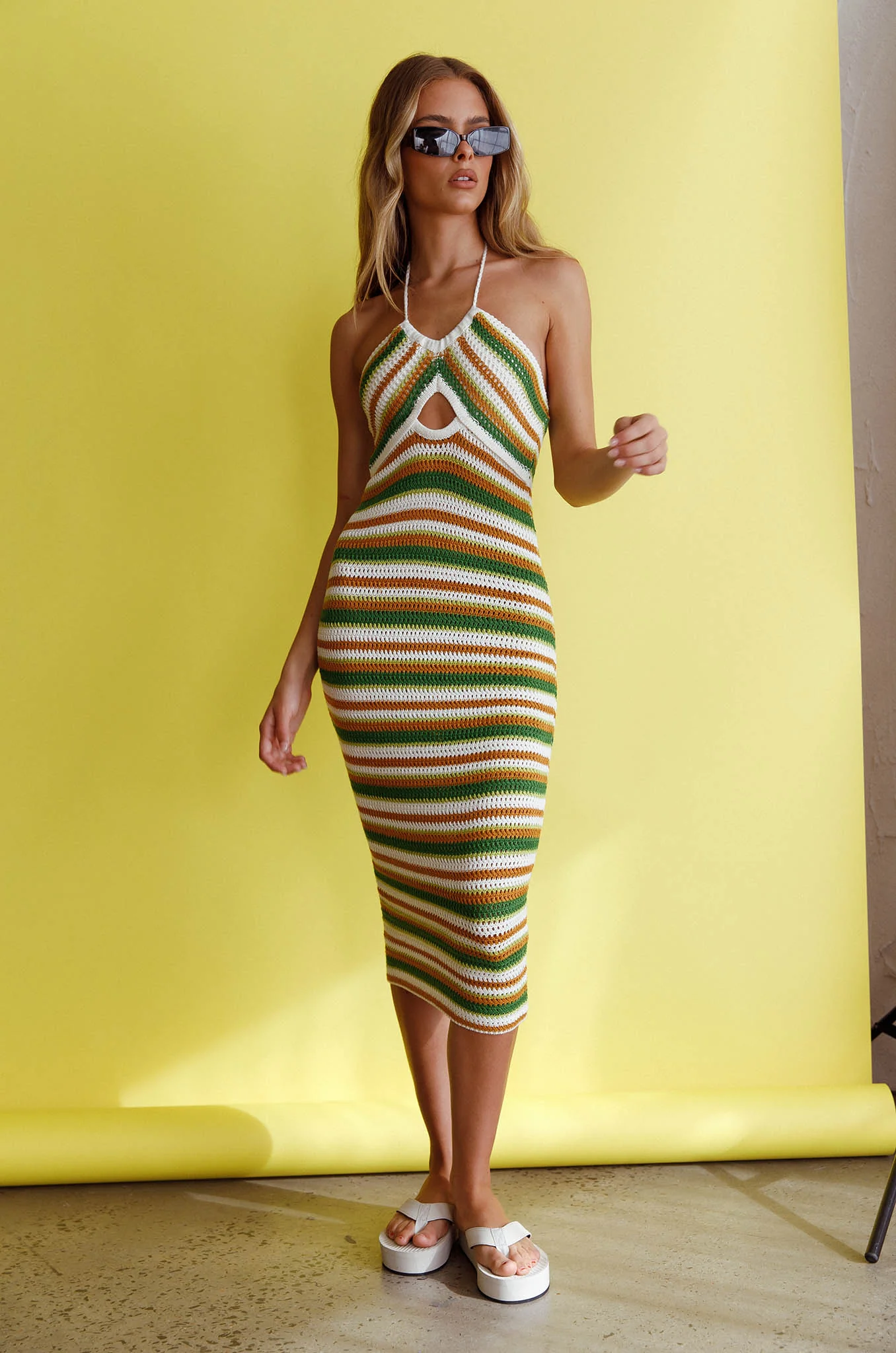 Malibu Nights Halterneck Knit Midi Dress Striped Olive - Image 6