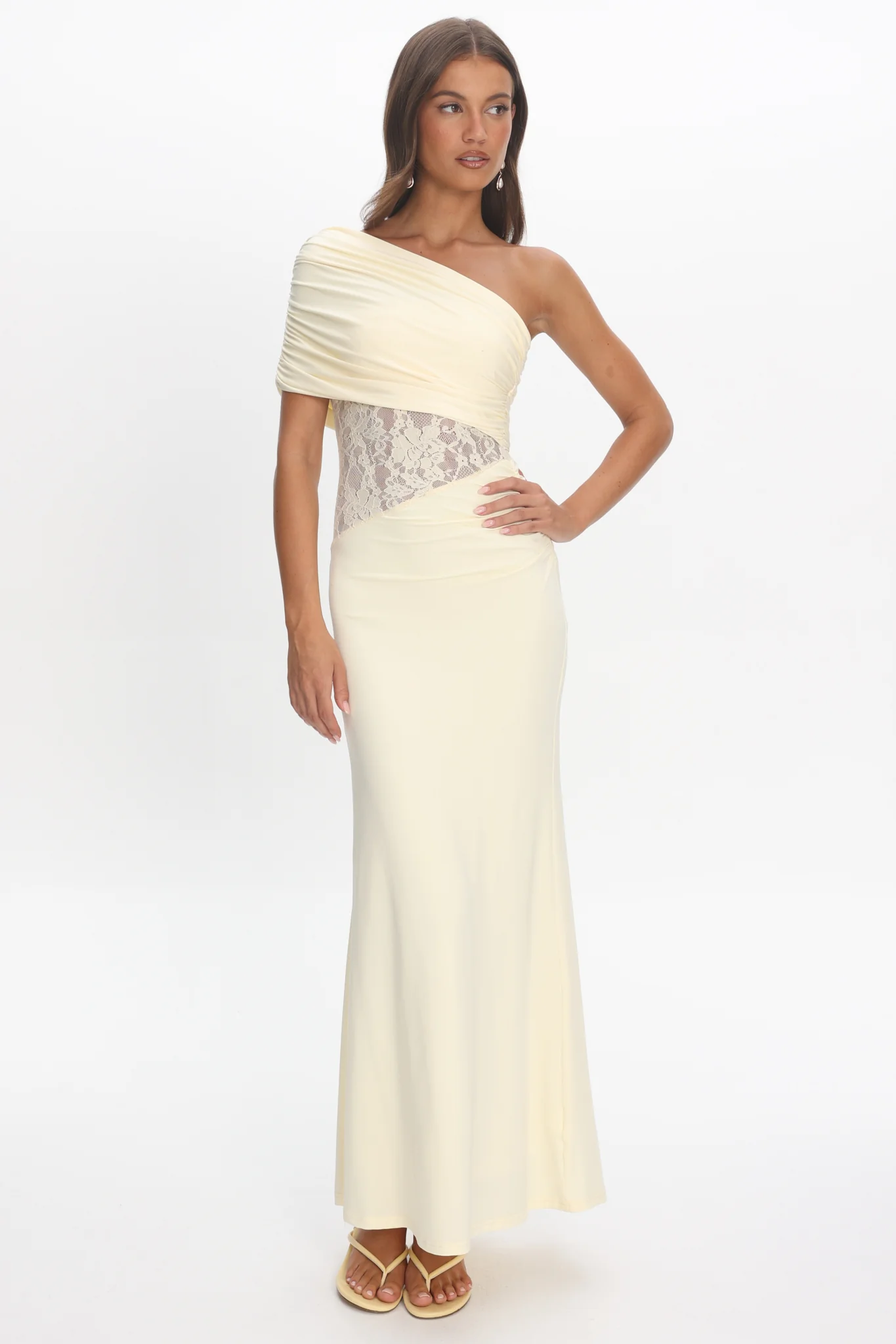 Mallorca Asymmetric Neckline Lace Maxi Dress Butter - Image 3