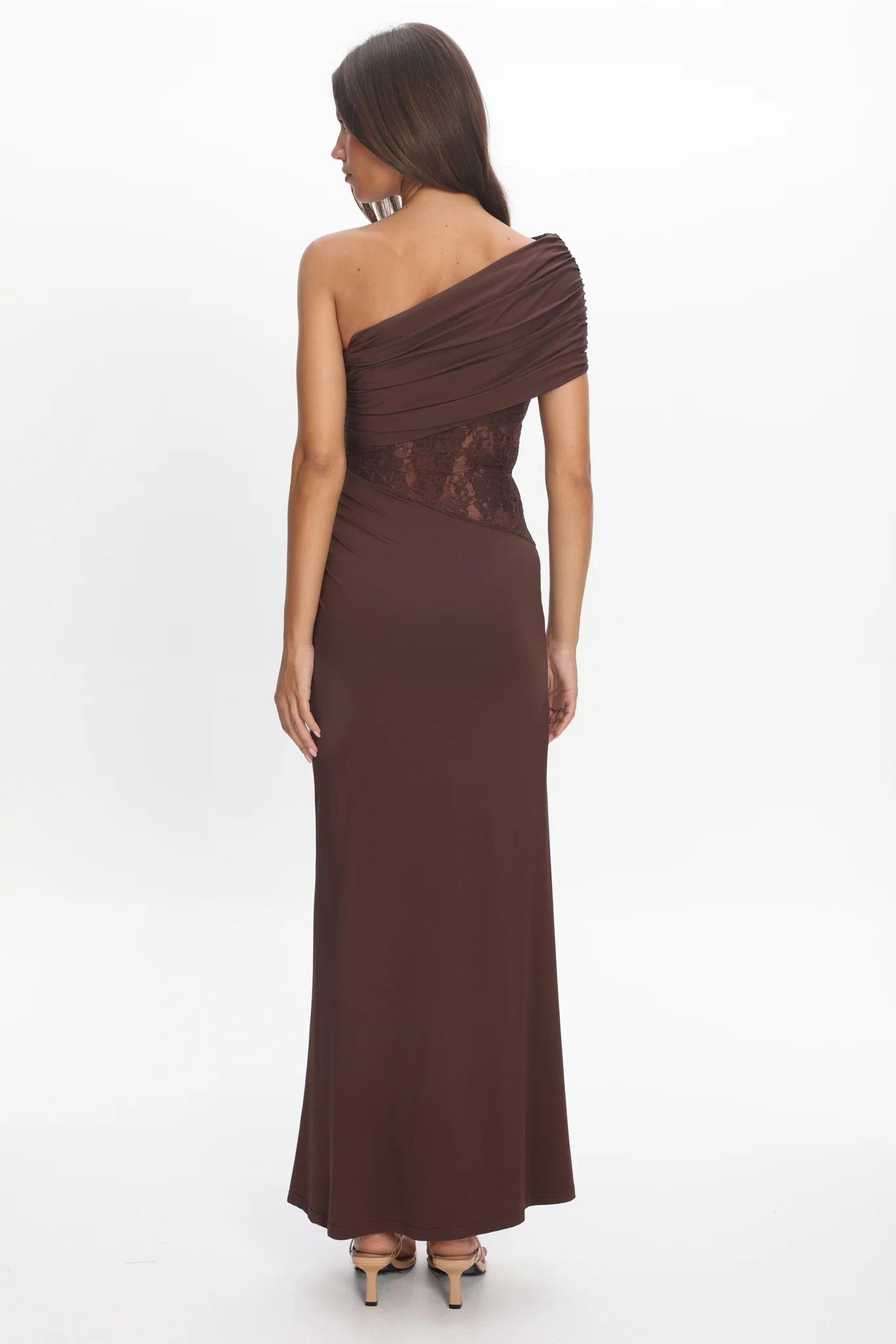 Mallorca Asymmetric Neckline Lace Maxi Dress Chocolate - Image 2