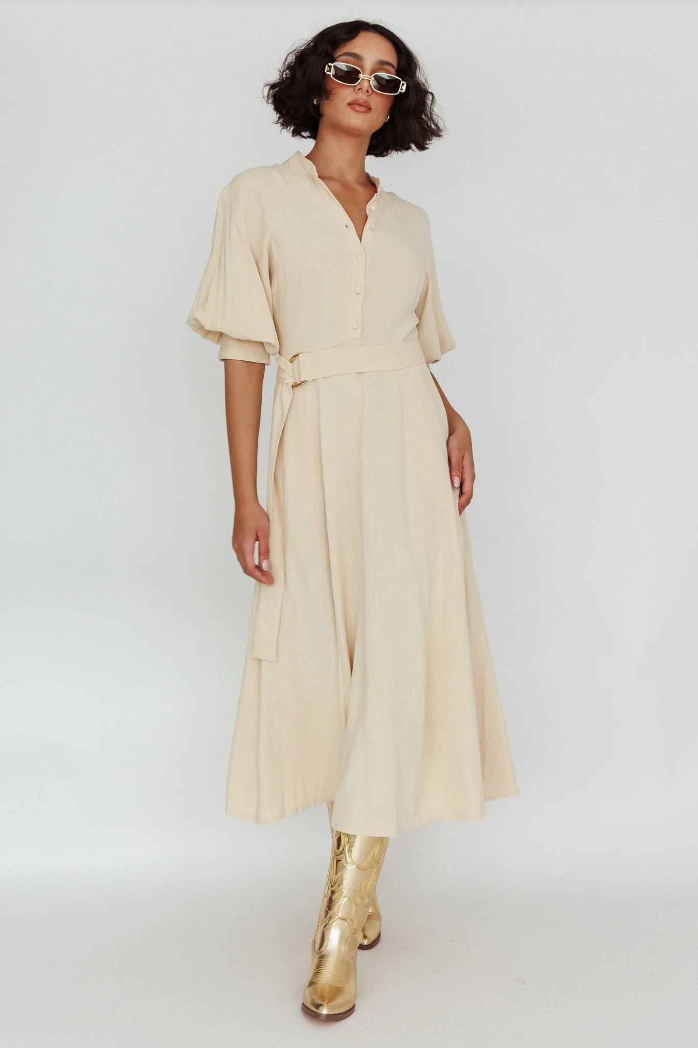 Mallory Belted Waist Lantern Sleeve Midi Dress Beige - Image 3