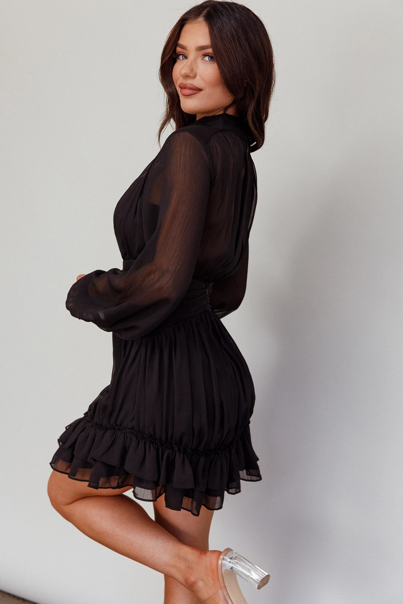 Mandalay High Neck Long Sleeve Waistband Dress Black - Image 9
