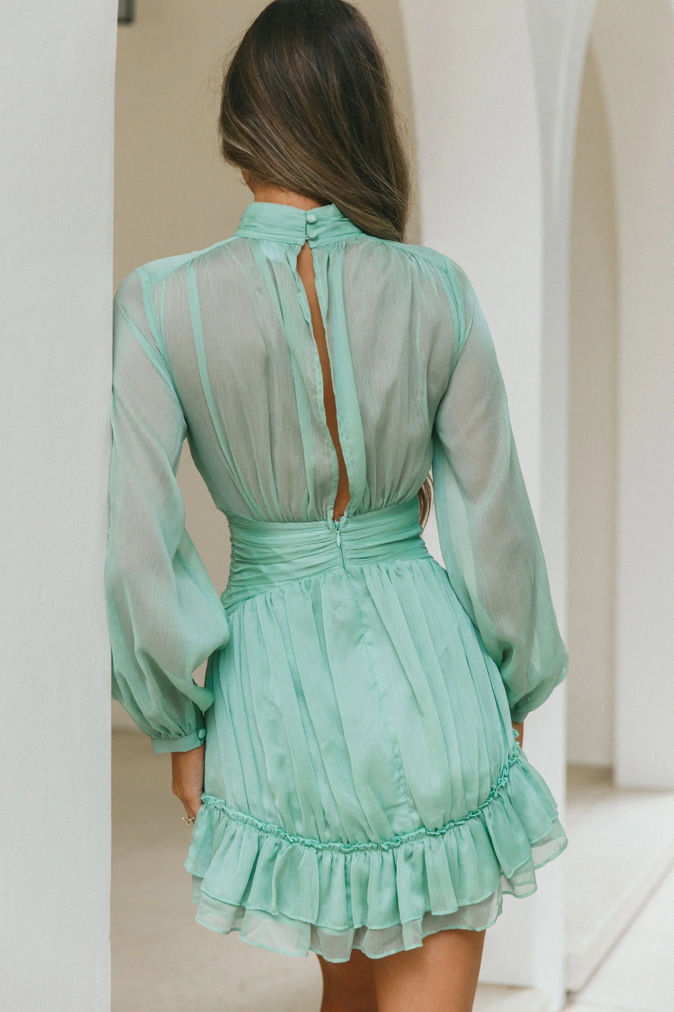 Mandalay High Neck Long Sleeve Waistband Dress Sage - Image 2