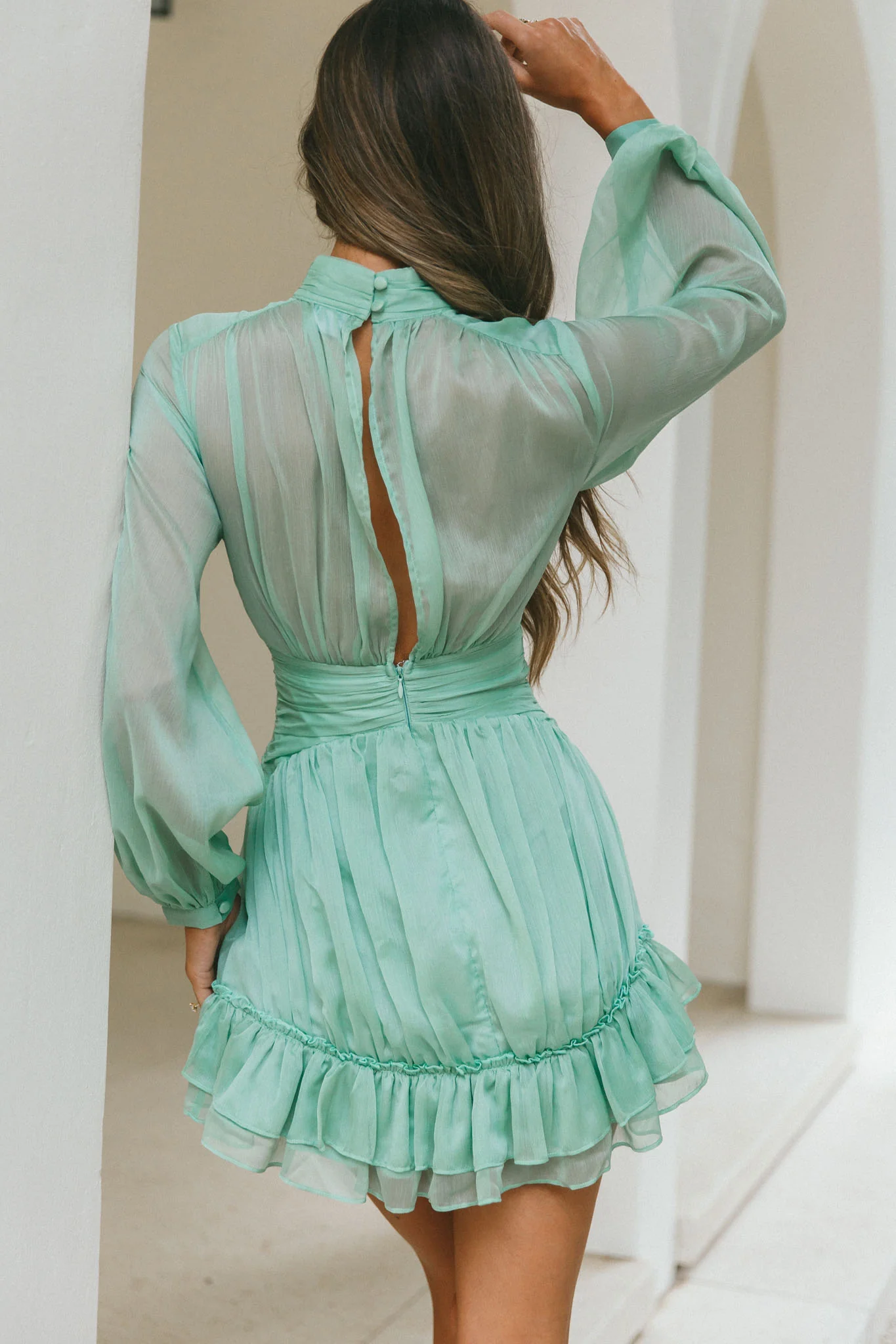 Mandalay High Neck Long Sleeve Waistband Dress Sage - Image 6